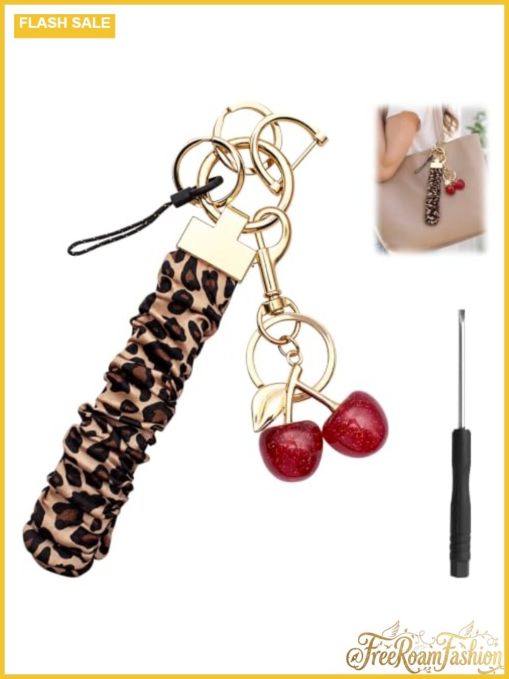 Cherry Keychain Wristlet Cheetah Print Satin Cloth Wristlet for Car Keys